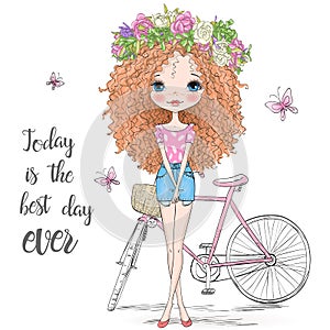 Hand drawn beautiful, cute curly hair girl in a wreath stands near bicycle.