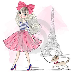 Hand drawn beautiful, cute fashion girl with pretty dog chihuahua.