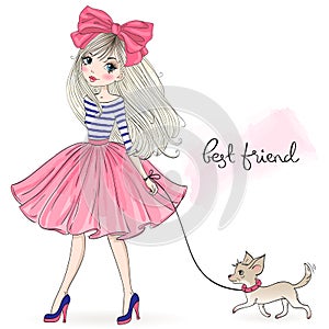 Hand drawn beautiful, cute fashion girl with pretty dog chihuahua.