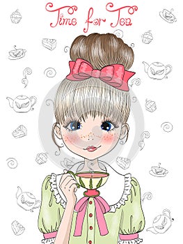 Hand drawn beautiful cute girl with bow on her hair is drinking tea.