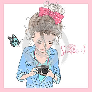 Hand drawn beautiful cute girl with camera in her hands..