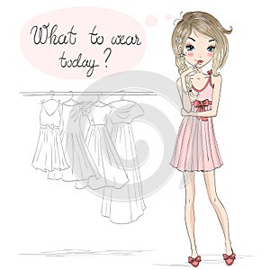 Hand drawn beautiful cute girl in an elegant dress on the background with inscription fashion girl.