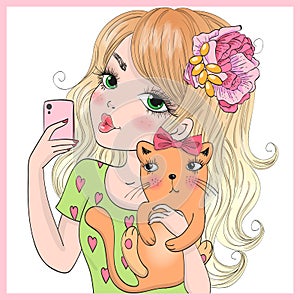 Hand drawn beautiful cute selfie girl with cat and smart phone. Vector illustration.