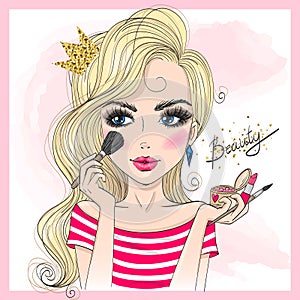 Hand drawn beautiful cute girl with makeup brush, blush and lipstick in her hand, doing makeup.