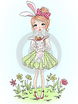 Hand drawn beautiful cute girl with rabbit in her hands on background of flowers with inscription Happy Easter.