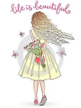 Hand drawn beautiful cute girl stands with her back with a bouquet of flowers and butterflies.