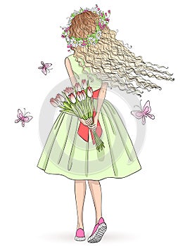 Hand drawn beautiful cute girl stands with her back with a bouquet of flowers and butterflies.