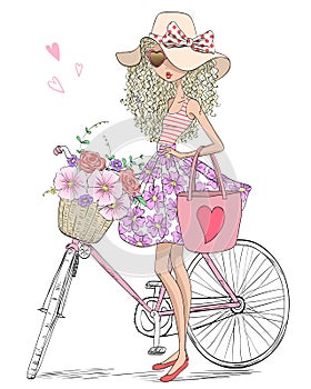 Hand drawn beautiful, cute girl stands near bicycle with a basket full of flowers.