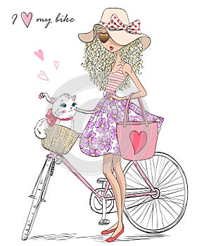 Hand drawn beautiful, cute girl stands near bicycle with a basket full of flowers.
