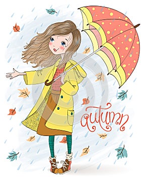 Hand drawn beautiful cute girl with umbrella on background with an inscription autumn.