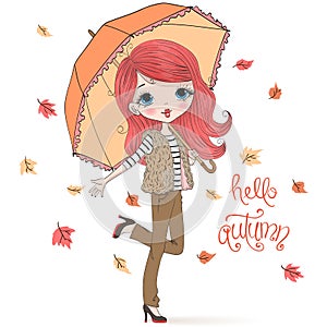Hand drawn beautiful cute girl with umbrella on background with an inscription autumn.