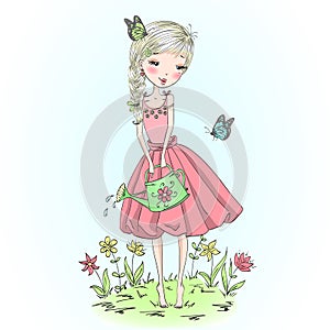 Hand drawn beautiful cute girl watering flowers in the garden with butterflies.