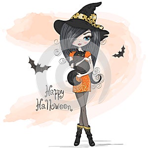 Hand drawn beautiful cute Halloween girl witch with black cat.