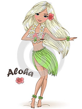 Hand drawn beautiful cute hula girl with hibiscus necklace on the background with inscription Aloha. Hawaii concept.