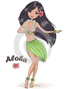 Hand drawn beautiful cute hula girl with hibiscus necklace on the background with inscription Aloha. Hawaii concept. photo