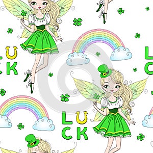 Hand drawn beautiful, cute, leprechaun girl with an inscription happy st. patricks day.