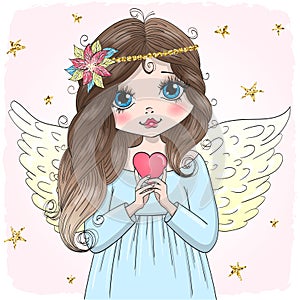 Hand drawn beautiful cute little angel girl with a heart.