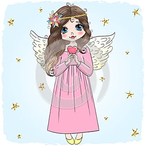 Hand drawn beautiful cute little angel girl with a heart.