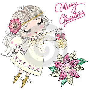 Hand drawn beautiful cute little Christmas angel girl with a flower.