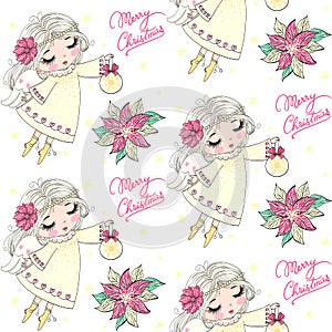 Hand drawn beautiful cute little Christmas angel girl with a flower.