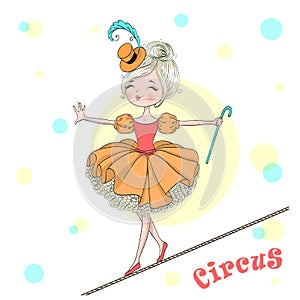 Hand drawn beautiful cute little circus girl balances on a tightrope.