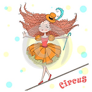 Hand drawn beautiful cute little circus girl balances on a tightrope.