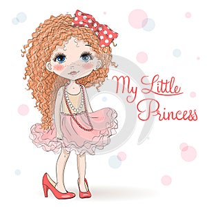 Hand drawn beautiful, cute, little curly red-haired girl in mother`s shoes.