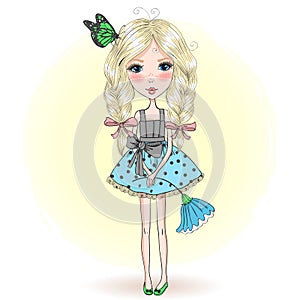 Hand drawn beautiful cute little fairy with a butterfly.