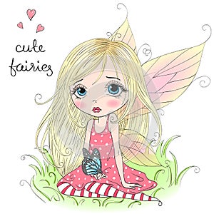 Hand drawn beautiful cute little fairy girl with a butterfly.