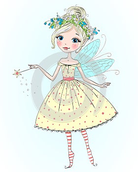 Hand drawn beautiful cute little fairy girl with a Magic wand.