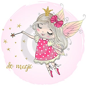 Hand drawn beautiful cute little fairy girl with a Magic wand.