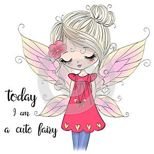 Hand drawn beautiful cute little fairy girl with wings and sneakers.