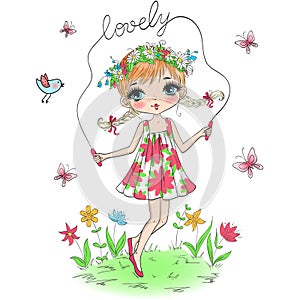 Hand drawn beautiful cute little girl jumping rope with flowers and butterfly.
