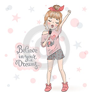 Hand drawn beautiful cute little girl in pajamas singing into hairbrush..