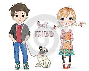 Hand drawn beautiful, cute, little girl with pretty cat and cartoon boy with dog pug.