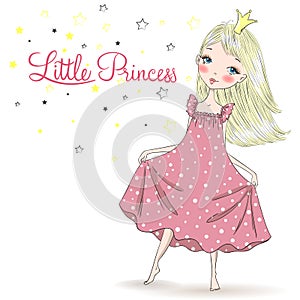 Hand drawn beautiful, cute, little girl Princess in a nightgown.