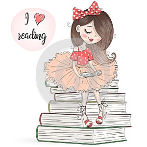 Hand drawn beautiful, cute, little girl is sitting on books and reading.