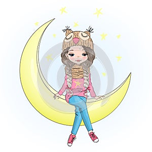 Hand drawn beautiful, cute, little girl is sitting on the moon.