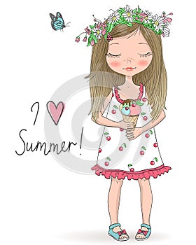 Hand drawn beautiful, cute little girl in a wreath holding ice cream, on background with inscription I love summer.