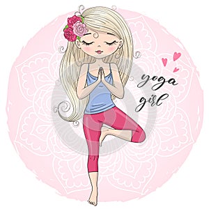 Hand drawn beautiful cute little girl yogi in tree position.