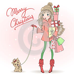 Hand drawn beautiful, cute, little girls with a gifts and bags. photo