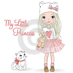 Hand drawn beautiful cute little girls with Teddy bears on the background with the inscription best friends.