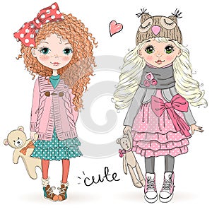 Hand drawn beautiful cute little girls with Teddy bears on the background with inscription Cute.