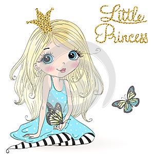 Hand drawn beautiful cute little princess girl with a butterfly.