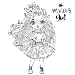 Hand drawn beautiful cute little princess girl with crown.