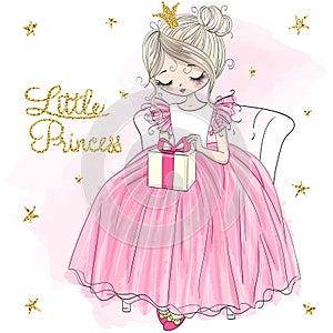 Hand drawn beautiful cute little princess girl with crown and gift.