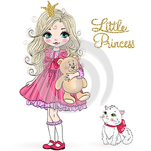 Hand drawn beautiful cute little princess girl with teddy bear and cat.