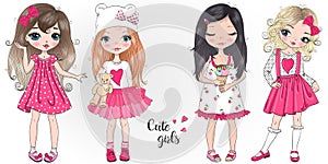 Hand drawn beautiful, cute, little Princess girl. Vector illustration.