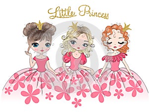 Hand drawn beautiful, cute, little Princess girl. Vector illustration.