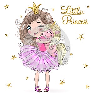 Hand drawn beautiful cute little princess girls with unicorn.